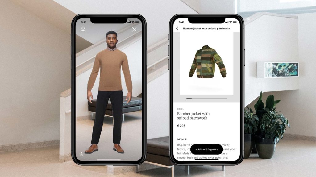 Two iphones displaying the virtual try-on experience.